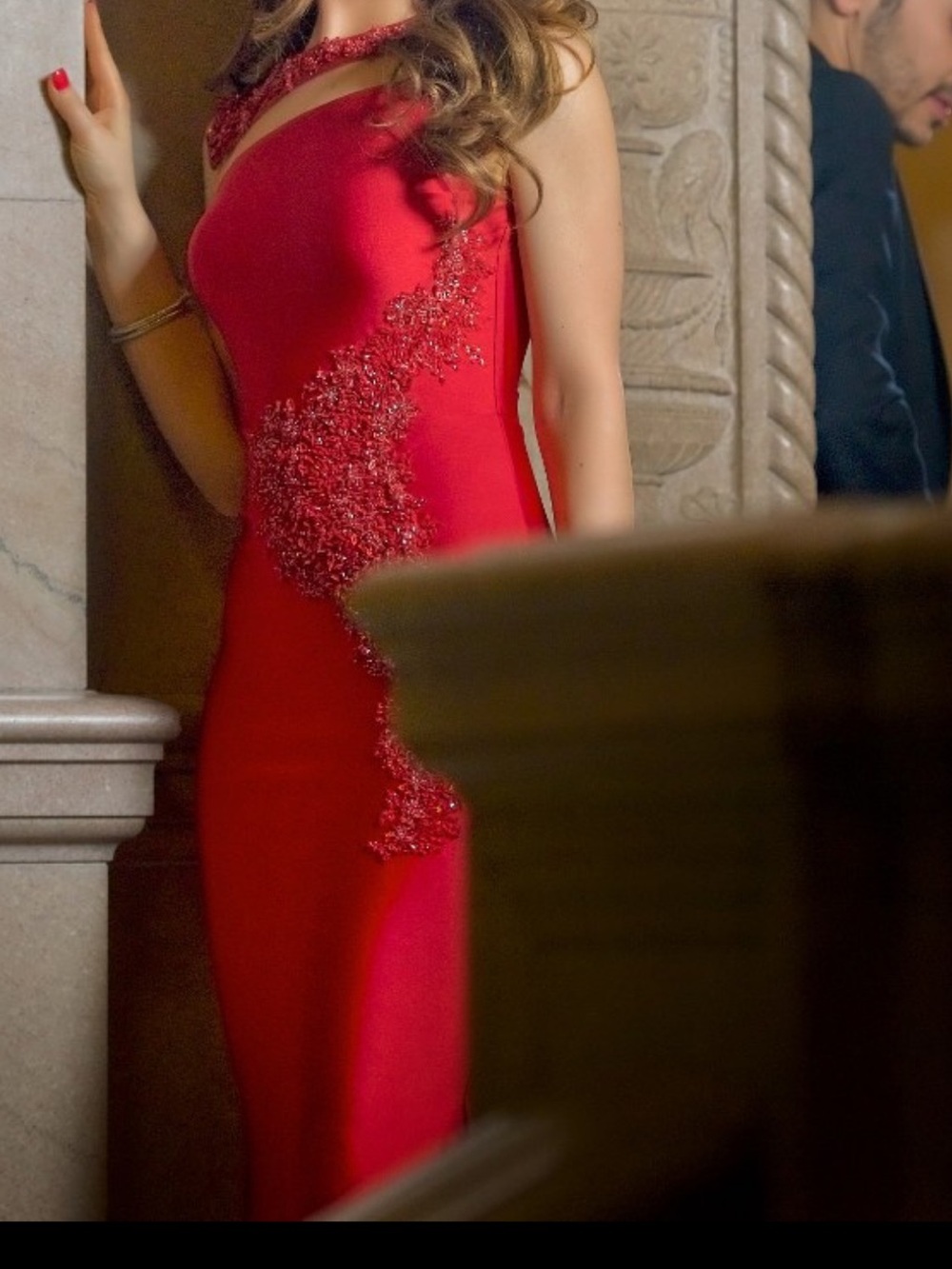 One-Shoulder Red Evening Gown with Beaded Appliqué